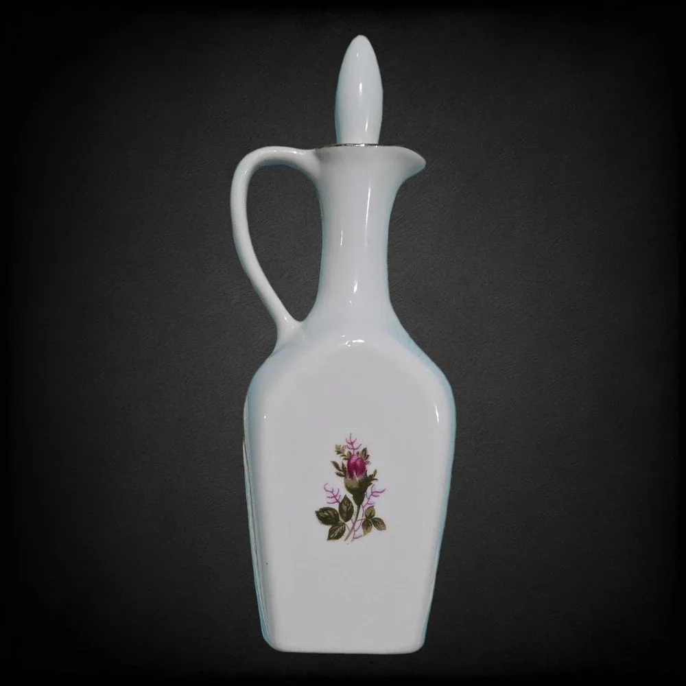1950s Vintage Porcelain Decanter Floral Gold Trim Cork Stopper Mid-Century Cruet